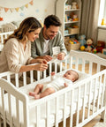 Parents using Breathable Cotton Teething Bed Rail Covers, 4 Piece Adjustable Chew Proof Rail Protector for Cribs with baby in crib.
