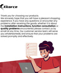 Customer service message with person on laptop, Xkorce thank you note, installation, consultation, or quality issues mentioned