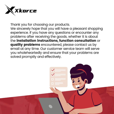 Customer service message with person on laptop, Xkorce thank you note, installation, consultation, or quality issues mentioned