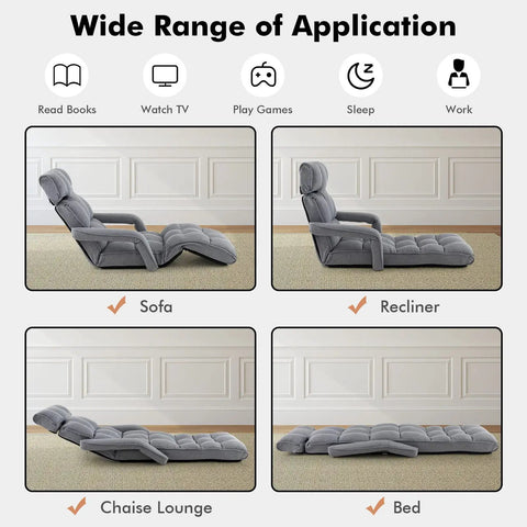 Foldable Floor Lazy Cozy Sofa Indoor Chaise Lounge With 6 Adjustable Backrest Positions And 8 Footrest Levels Folding Chair Bed