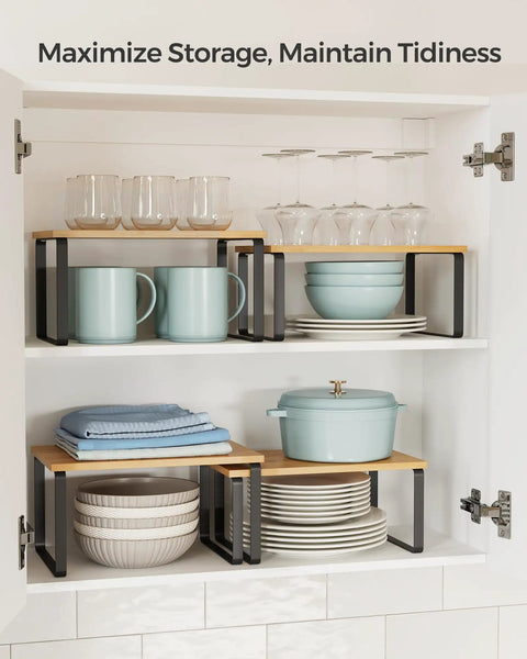 No Sweat Set Of Two Cabinet Organizer Shelves That Serve As A Slick Kitchen Spice Rack And Countertop Pantry Station With Duh Easy Setup and Heavy Duty Build for kitchen storage and organization.