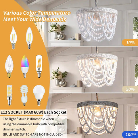 Three Light Wood Bead Pendant Light With Boho Engraved Pattern Ring Fixture shown with various light temperatures
