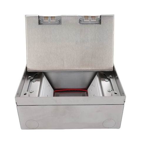 Built Tough Recessed Floor Power Outlet Kit Acting As A Smooth Operator For High Traffic Commercial Zones Kitchen Tables Flush Mount Electric Socket Silver Trim Includes USB A Port open with stainless steel housing.