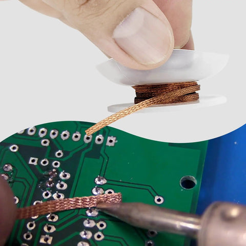 Desoldering Wick Braid No Clean Soldering Wire 0.1 Inch By 10 Feet Copper Desoldering Tool in use on PCB for easy solder removal