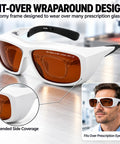 Badass Fiber Laser Safety Glasses Packing OD7 Protection For 532Nm And 1064Nm Waves fit-over design with dark tinted lenses.