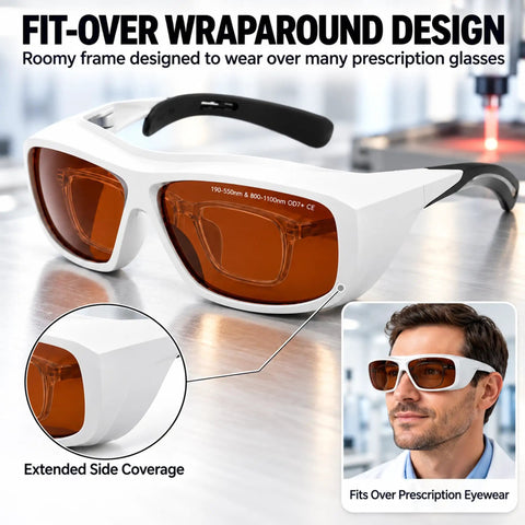 Badass Fiber Laser Safety Glasses Packing OD7 Protection For 532Nm And 1064Nm Waves fit-over design with dark tinted lenses.
