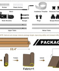 Components of 8 Ft W By 8 Ft H Gray Outdoor Roller Shade Cordless Patio Blind With Spliced Pole Design, including screws, poles, brackets and fabric.