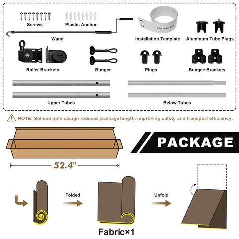 Components of 8 Ft W By 8 Ft H Gray Outdoor Roller Shade Cordless Patio Blind With Spliced Pole Design, including screws, poles, brackets and fabric.