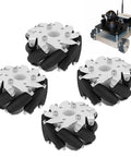 4 Pcs 100mm Mecanum wheels for robot cars, aluminum frame, nine rollers each, omnidirectional mobility, high-grip rubber tires, quiet operation.