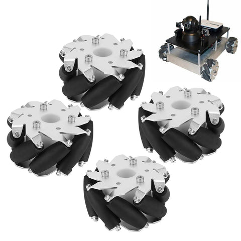 100mm Mecanum Wheel Set For Omni Directional Robot Cars, 4 steel wheels with 9 rubber rollers and aluminum alloy chassis