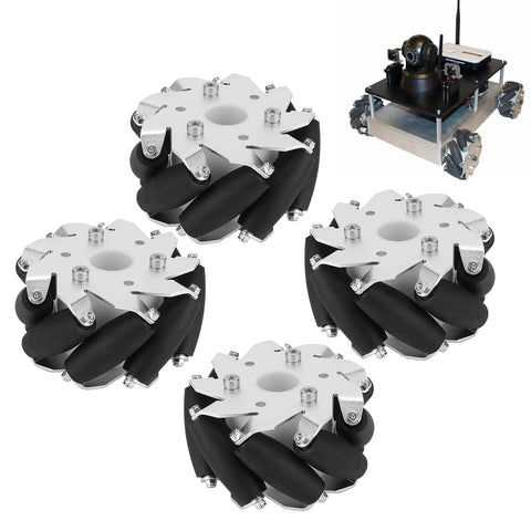 Mecanum wheel set, four 100mm wheels with silver metal hubs and black rubber rollers for robot cars