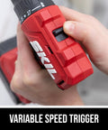 Close-up of hand adjusting variable speed trigger on 20V Brushless Drill Driver Kit With 2.0Ah Battery And Charger, PWR CORE 20 Power