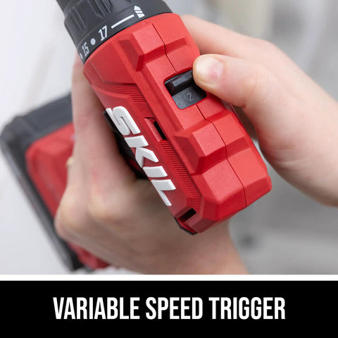 Close-up of hand adjusting variable speed trigger on 20V Brushless Drill Driver Kit With 2.0Ah Battery And Charger, PWR CORE 20 Power