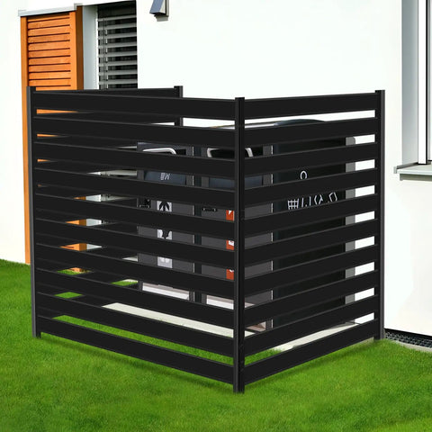 Outdoor AC Unit Fence Screen Set, 3 Panels, 42 Inch Tall By 38 Inch Wide Privacy Fence near building, black metal