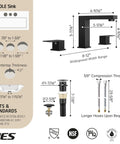 All Metal Matte Black Bathroom Faucet With Pop Up Drain And Overflow dimensions and components diagram, 8 Inch Widespread 3 Hole Vanity.