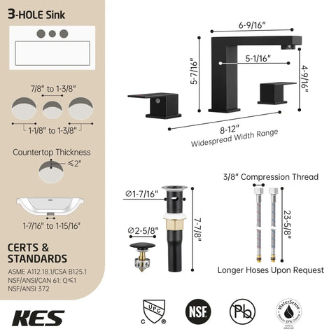 All Metal Matte Black Bathroom Faucet With Pop Up Drain And Overflow dimensions and components diagram, 8 Inch Widespread 3 Hole Vanity.