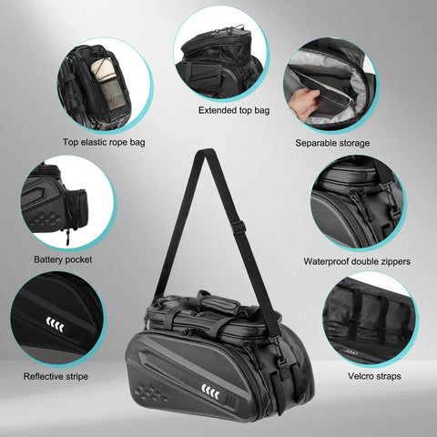 40L Hard Shell Rear Bike Rack Bag For Ebike Batteries And Gear, Multifunction Pannier Backpack For Travel And Commute, Rigid Side Panels, Expandable Side Pockets, Black