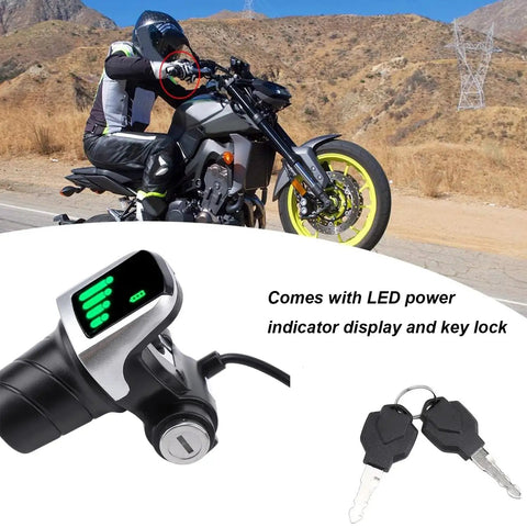 36V Half Twist Ebike Throttle Grip With Key Lock And LCD Display for E Scooter MTB Bike with motorcycle backdrop
