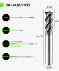 Diagram showing a 5/16 inch carbide square end mill with 4 flutes, highlighting features like AlCrN coating and precise dimensions.