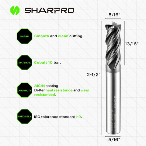 Diagram showing a 5/16 inch carbide square end mill with 4 flutes, highlighting features like AlCrN coating and precise dimensions.