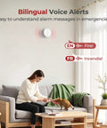 Ten Year Sealed Battery Operated Smoke Detector With Voice Alert, Photoelectric Sensor And Bright LED Indicators For Home Safety, A No Hassle Fire Alarm System For Living Room, Kitchen And Hallways installed in a living room wall