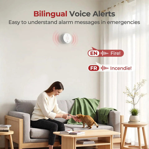 Ten Year Sealed Battery Operated Smoke Detector With Voice Alert, Photoelectric Sensor And Bright LED Indicators For Home Safety, A No Hassle Fire Alarm System For Living Room, Kitchen And Hallways installed in a living room wall