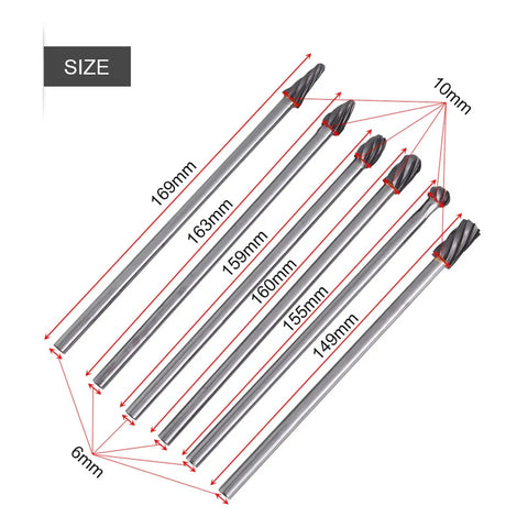 Size display of Badass Six Piece Tungsten Carbide Rotary Bit Set with 6mm shanks, lengths ranging from 149mm to 169mm.