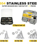 176 Piece 304 Stainless Steel Hex Nuts And Bolts Assortment Kit With SAE Coarse Thread For DIY Home Workshop And Auto Repairs Durable Heavy Duty Pro Grade Hardware Set, 3/18-16, 5/16-18, 1/4-20 sizes