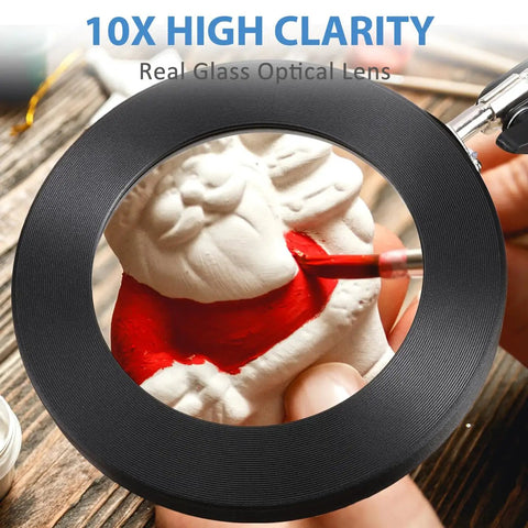 Pro Grade Two In One Magnifying Glass With Light And Stand For Repair And Reading magnifying a figurine painting, 10X lens detail