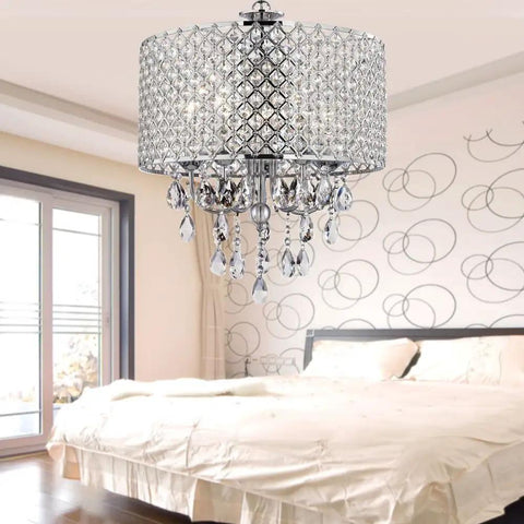 Chrome Finish 4 Light Round Drum Crystal Chandelier With Adjustable Cable Up To 80cm in a modern bedroom setting