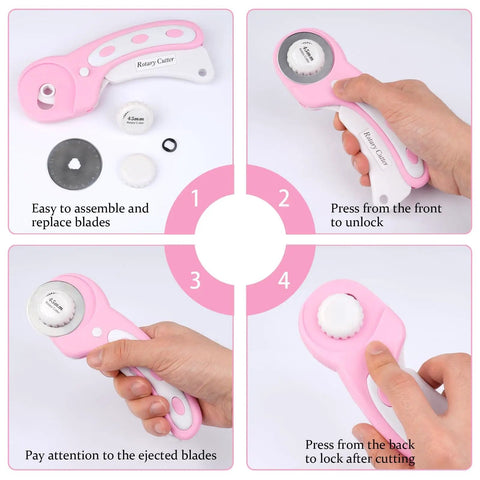 Versatile 45mm Rotary Cutter For Fabric With Five Extra Blades, Ergonomic Roller Cutter Design, Safety Lock, Pink Usage Steps