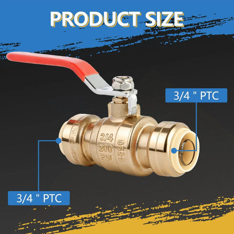 Three Quarter Inch Push To Connect Ball Valve Pack Of 5, No Tools Needed, brass 3/4 inch PTC valve with red handle, product size