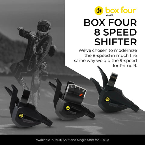 Box Four 8 Speed Shifter, includes Multi and Single Shift for E-bike, shown with mountain biker on rugged terrain backdrop.