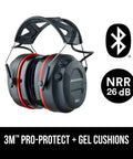 Gel Cushions Bluetooth Hearing Muffs With Active Mic 26 dB NRR displayed with Bluetooth and noise reduction icons.