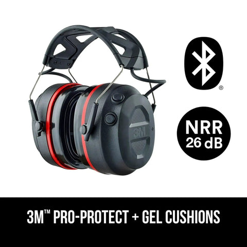 Gel Cushions Bluetooth Hearing Muffs With Active Mic 26 dB NRR displayed with Bluetooth and noise reduction icons.