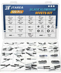 Open box displaying 16 Size Black Aluminum Blind Rivet Kit With Stainless Steel Washers Pack Of 120 Pop Rivets for assorted sizes.