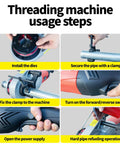 Steps for using No Sweat Portable Electric Pipe Threader with Brawny 2000 Watt Copper Motor for efficient pipe threading.