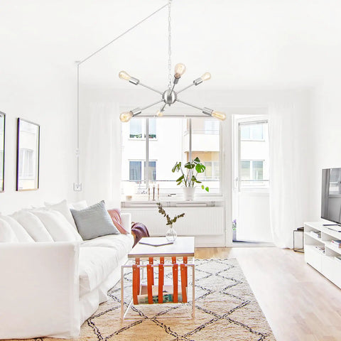 Mid Century Sputnik 6 Light Dope Black Semi Flush Mount Ceiling Fixture With E26 Base in a bright living room setting