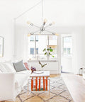Six Light Brushed Nickel Sputnik Ceiling Fixture Semi Flush Mount Chandelier Mid Century Modern in bright living room