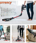 Cordless vacuum cleaner being used on carpet, hardwood, and couch in various settings, showcasing its versatility and ease of use.