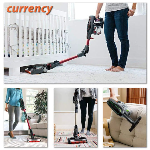 Cordless vacuum cleaner being used on carpet, hardwood, and couch in various settings, showcasing its versatility and ease of use.