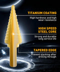 Titanium Coated Step Drill Bit with High Speed Steel Core and Tapered Edge on dark background