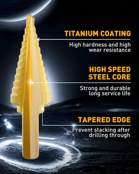 Titanium Coated Step Drill Bit with High Speed Steel Core and Tapered Edge on dark background