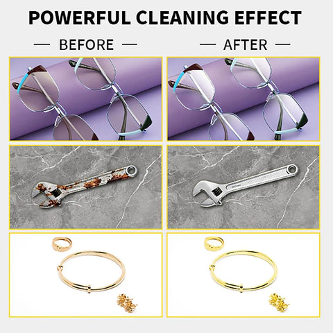 Before and after cleaning effects of glasses, wrench, and jewelry using Pro Grade Ultrasonic Cleaner 15L With Knob And Timer