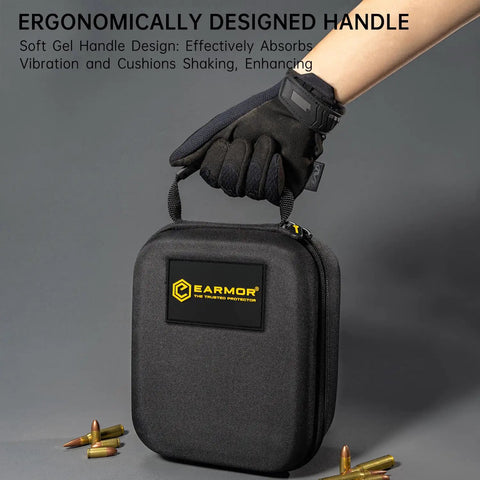Weather Resistant EVA Storage Case For Shooting Ear Muffs Glasses And Accessories being held by gloved hand with bullets nearby