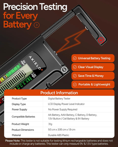 Universal Battery Tester With Clear LCD Readout No Battery Needed For AA AAA C D 9V And Button Cells Quick 18 Level Power Check For Household Devices And Rechargers black ABS plastic battery tester with LCD display