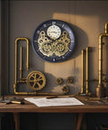 Vintage 18 Inch Wall Clock Featuring Smooth Moving Metal Gears Quiet Silent Battery Operated Accent on wall with pipes.