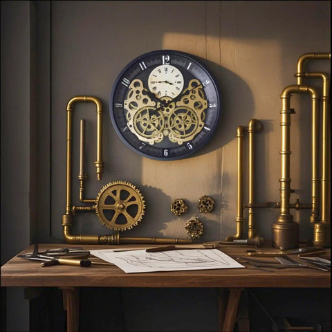 Vintage 18 Inch Wall Clock Featuring Smooth Moving Metal Gears Quiet Silent Battery Operated Accent on wall with pipes.
