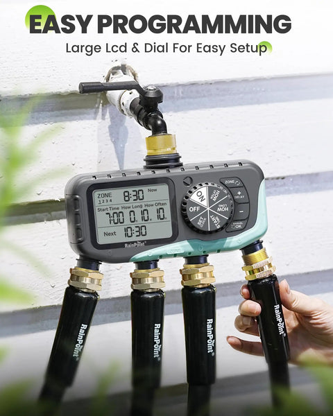 Four Zone Sprinkler Timer With Programmable Start Times, Durations And Frequencies For Each Zone, Rain Delay, mounted on wall