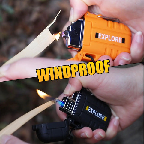 Two Pack Waterproof Outdoor Lighters being used to light wood, showcasing windproof design in an outdoor setting.
